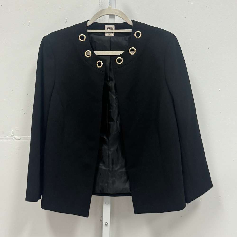 Anne Klein Open Front Grommet Neck Blazer Jacket Size Medium Women's Black